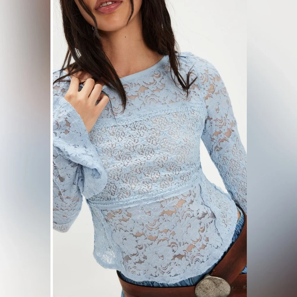 FREE PEOPLE Sheer Lace Flared Long Sleeve Top - Picture 3 of 11